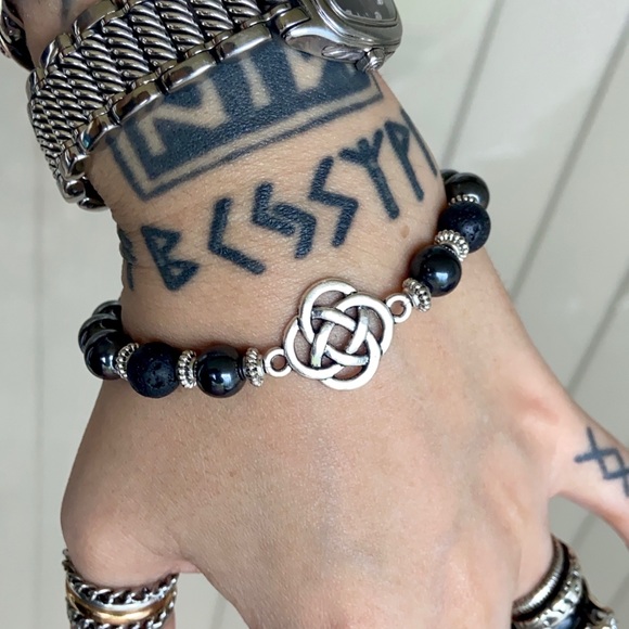 Silver Celtic knot lava rock & hematite bracelet - Picture 9 of 14